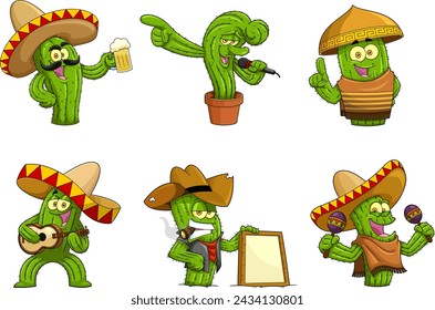 Cactus Cartoon Characters. Vector Hand Drawn Collection Set Isolated On White Background 