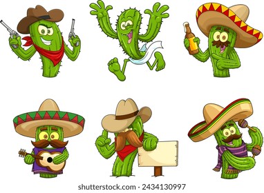 Cactus Cartoon Characters. Vector Hand Drawn Collection Set Isolated On White Background 