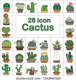 Cactus cartoon cute doodle icons set. green cactus plant with flower. Cute desert plants. Decorative natural elements are isolated on white. vector ,illustration