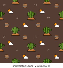 Cactus cartoon so cute. On sun cloud oak barrel brown background. Pattern seamless vector illustration. 
