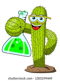 cactus cartoon funny character chemist scientist experiment lab isolated on white