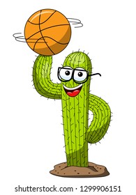 Cactus cartoon funny character vector basketball ball finger isolated on white