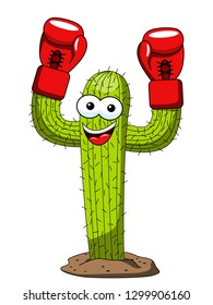 Cactus cartoon funny character vector winner boxer gloves isolated on white