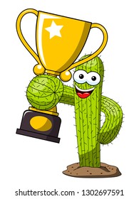 Cactus cartoon funny character vector winner cup trophy isolated on white