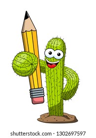 Cactus cartoon funny character vector pencil education creativity isolated on white