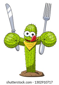 Cactus cartoon funny character vector hungry eating fork knife isolated on white