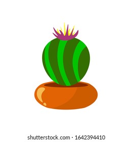 Cactus cartoon green plant in pot. Leaf and flowers icon. Flowerpot isolated object, houseplant flower pot. Vector illustration