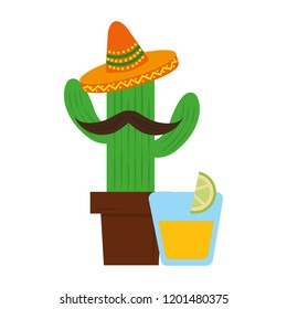cactus cartoon with hat tequila drink mexican