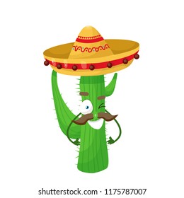cactus cartoon in a mexican hat, vector illustration