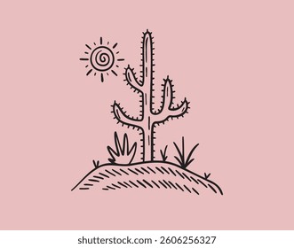 cactus cartoon outline poster. Folk art concept. Boho doodle culture poster. Harmony and zen. Vector illustration
