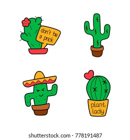 Cactus cartoon set. Vector isolated funny cute character collection. Color Sticker, patch badge, pin, brooch. Trendy modern fashion creative design. Hand drawn  illustration, card, textile t-shirt