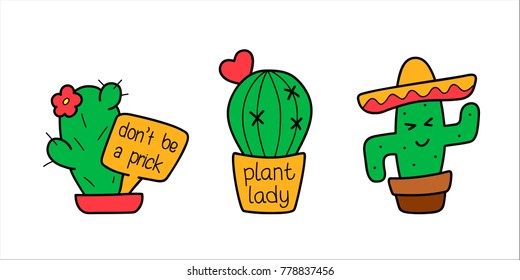 Cactus cartoon set. Vector isolated funny comic cute character. Trendy modern fashion creative design. Hand drawn  illustration, card, textile t-shirt. Colored Sticker, patch badge, pin, brooch.