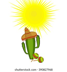Cactus cartoon with sombrero and maracas