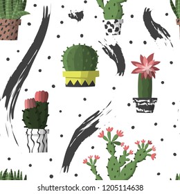 Cactus cartoon style hand drawn seamless pattern. Stock vector