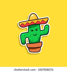 Cactus cartoon vector isolated sticker, patch badge, pin, icon. Funny cute dansing cacti. Hat, sombrero, mexican style, modern trendy design. Hand drown illustration for print card, textile, t-shirt