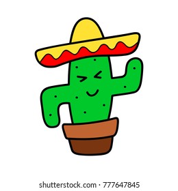 Cactus cartoon vector isolated sticker, patch, badge, pin, icon. Funny dansing cacti. Color Hat sombrero, mexico style, modern trendy cool design. Hand drown  illustration for card, textile, t-shirt.