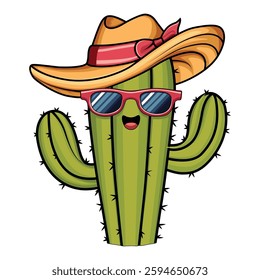 A cactus cartoon vector, A standing cactus wearing a cowboy hat and sunglasses vector, Suitable for Manufacturing Sticker, Coloring Book, vector illustration etc.