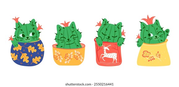 Cactus. Cactos bonitos gatos kawaii personagens, plantas de flores gatinho verde em flowerpot criativo arte design conjunto desenho desenho de vetor de desenhos animados ilustração original arte