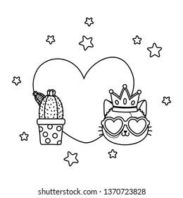 cactus and cat with heart black and white