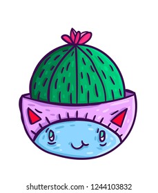 Cactus cat. Isolated hand draw cartoon cactus cat. Cute cat.