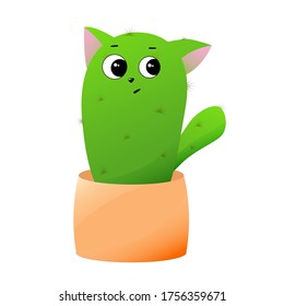 Cactus cat in a pot, cute and shy. On white background. In cartoon style . Doodle illustration.
