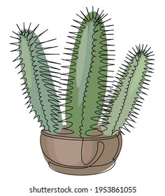 Cactus cereus dark three-stem. Indoor potted plant in modern trendy single line style. Solid line, outline for decor, posters, stickers, logo. Vector illustration.