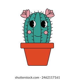 Cactus character in 70s cartoon style. Vector illustration isolated on white background