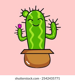 cactus character cute kawaii with flower. vector cartoon illustration isolated.
