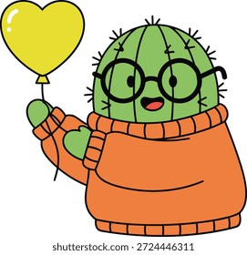 Cactus Character Design - Cute Succulent in Orange Sweater Holding Yellow Heart Balloon
