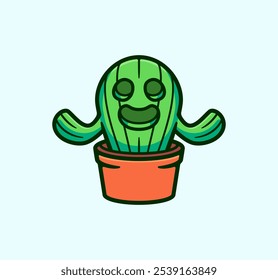 Cactus Character in a Flower Pot with Playful Facial Expression and Vibrant Green Color Palette Cheerful Cartoon Vector Illustration