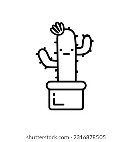 Cactus character, funny cactus with flower. Cute succulent or cactus plant with happy face. Vector Illustration on a white background. Doodle style