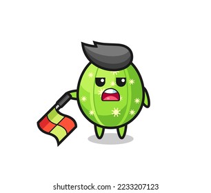 cactus character as line judge hold the flag down at a 45 degree angle , cute style design for t shirt, sticker, logo element