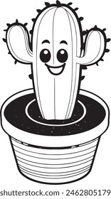 Cactus Character in Pot for Coloring Book, Black and White Cartoon Illustration