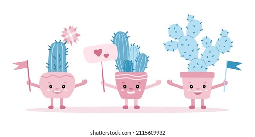 Cactus characters concept. Cute blue cacti with flags and a sign with hearts.  Vector illustration for children and adults in cartoon style.