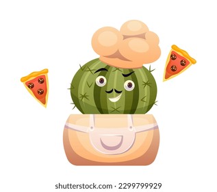 Cactus chef icon. Funny potted house plant with face, mustache, eyes and mouth. Prickly round flower in apron and hat preparing Italian pizza. Cartoon flat vector illustration on white background