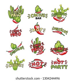 Cactus and chili hand drawn illustrations set. Green saguaro cacti, red hot peppers doodle drawings. Cartoon lettering. Mexican isolated cliparts. Typography, logo, signboard flat design elements