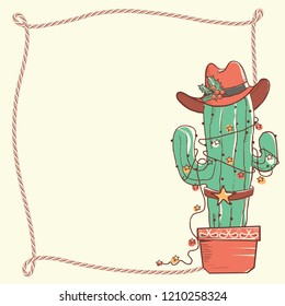 Cactus christmas with cowboy hat and lasso frame .Vector hand drawn illustration for text