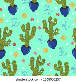 Cactus christmas pattern. Vector graphics