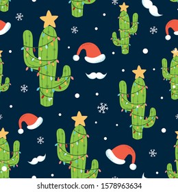 Cactus Christmas seamless pattern Holiday background Christmas cactus light Santa hat mustache snowflakes