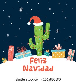 Cactus Christmas tree background Card full gifts present boxes on snowy dark landscape Hand drawn cute funny cactus in Santa hat. Text Merry Christmas in Spanish. Graphic drawing. Vector illustration.