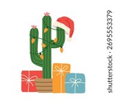 cactus as a christmas tree with light bulbs, Santa Claus hat and presents- vector illustration