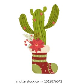 Cactus christmas tree. Modern flat concept. Cute vector greeting card, print, label, poster, sign. 