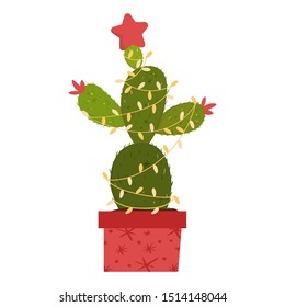 Cactus christmas tree. Modern flat concept. Cute vector greeting card, print, label, poster, sign. 