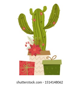 Cactus christmas tree. Modern flat concept. Cute vector greeting card, print, label, poster, sign. 