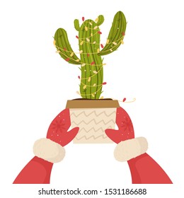 Cactus christmas tree in santa hand. Modern flat concept. Cute vector greeting card, print, label, poster, sign. 