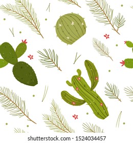 Cactus christmas tree seamless pattern. Modern flat concept. Cute vector greeting card, print, label, poster, sign. 