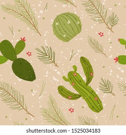 Cactus christmas tree seamless pattern. Modern flat concept. Cute vector greeting card, print, label, poster, sign. 