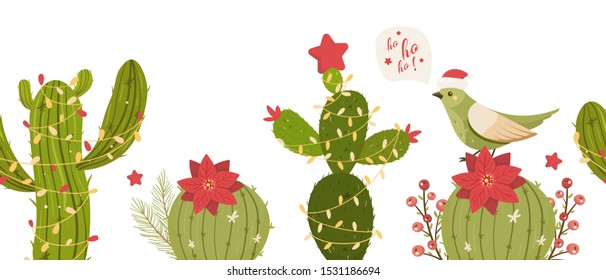Cactus christmas tree seamless pattern. Modern flat concept. Cute vector greeting card, print, label, poster, sign. 