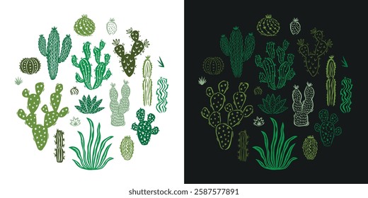 Cactus circle emblem set isolation on white background. Mexican cacti round badge. Exotic various plants collection Vector hand drawn flat illustration.