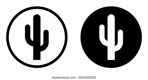 Cactus in a circle vector icon set. Desert symbol. Saguaro cactus black silhouette. Isolated on white background.